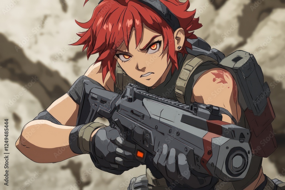 Anime style woman soldier aims a rifle with intense look Anime style woman soldier aims a rifle with intense look