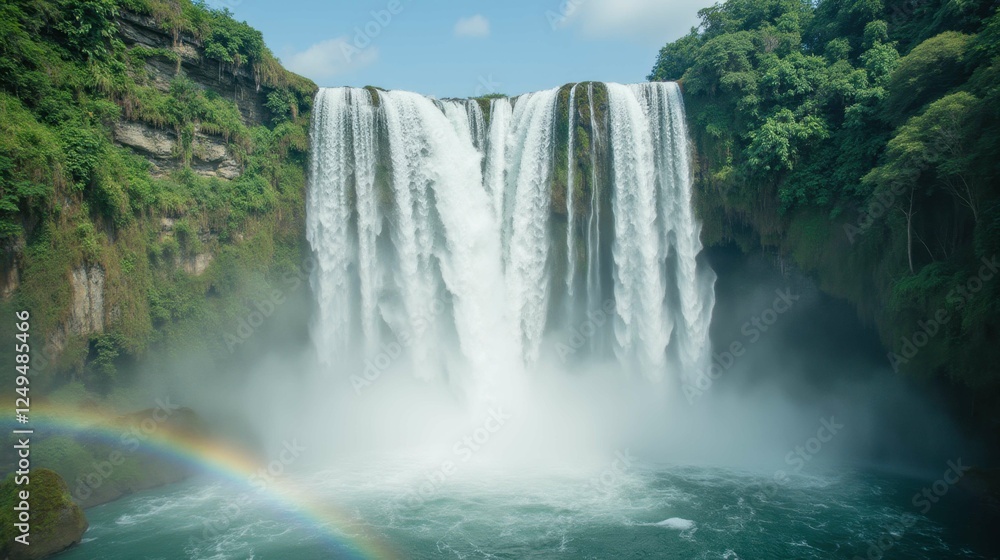Fototapeta premium Majestic Waterfall Surrounded by Lush Greenery and Vibrant Rainbow
