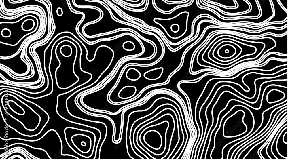 Abstract topographic contour map concept, cartography geographic terrain pattern design, topo wavy black and white mountain surface, liquid line art background Abstract topographic contour map concept, cartography geographic terrain pattern design, topo wavy black and white mountain surface, liquid line art background
