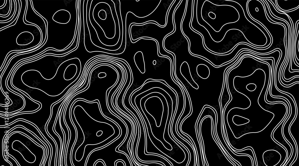 Abstract topographic contour map concept, cartography geographic terrain pattern design, topo wavy black and white mountain surface, liquid line art background Abstract topographic contour map concept, cartography geographic terrain pattern design, topo wavy black and white mountain surface, liquid line art background
