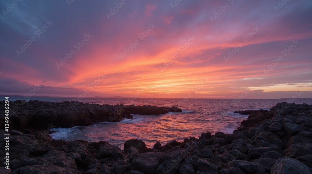 Obraz premium Stunning Sunset Over Rocks and Ocean with Vibrant Color Palette
