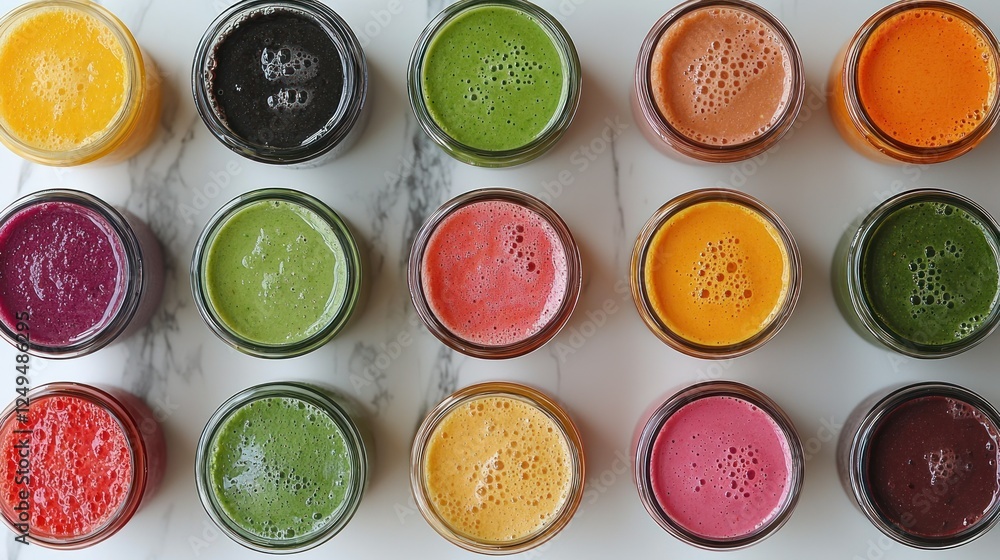 Variety of colorful juices in small jars on marble surface Variety of colorful juices in small jars on marble surface