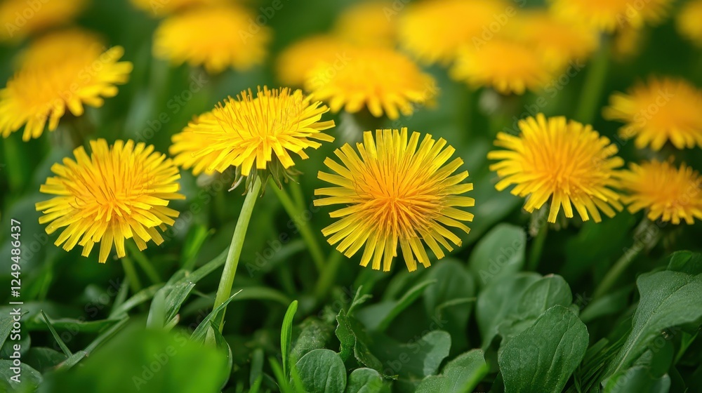 Dandelions blooming in a green field, sunny day, nature background, perfect for spring greeting cards Dandelions blooming in a green field, sunny day, nature background, perfect for spring greeting cards