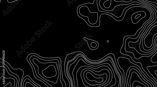 Abstract topographic contour map concept, cartography geographic terrain pattern design, topo wavy black and white mountain surface, liquid line art background