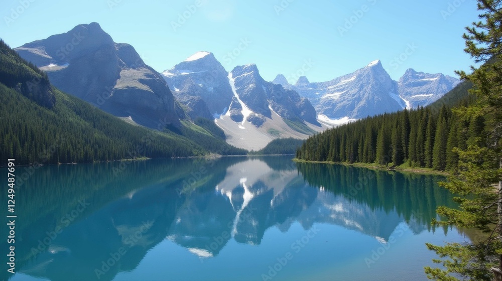 Naklejka premium Serene Mountain Lake with Reflections Under Clear Blue Sky