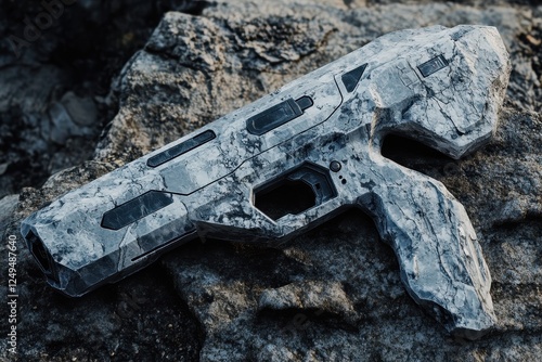 Futuristic gun rests upon rough surface textured like stone photo