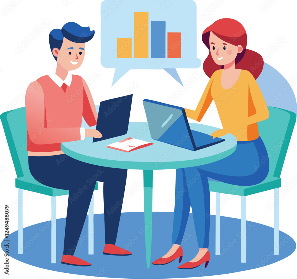 Partners meeting for business discussion with documents and laptop on desk. Couple at round table, speaking, discussing work, partnership. Flat vector on a white background Partners meeting for business discussion with documents and laptop on desk. Couple at round table, speaking, discussing work, partnership. Flat vector on a white background
