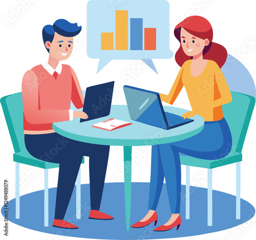 Partners meeting for business discussion with documents and laptop on desk. Couple at round table, speaking, discussing work, partnership. Flat vector on a white background