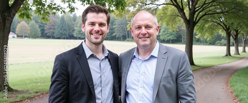 Father and son bonding outdoors for family relationship blogs, personal growth articles, mental health awareness, Father's Day campaigns, and life coaching presentations. photo