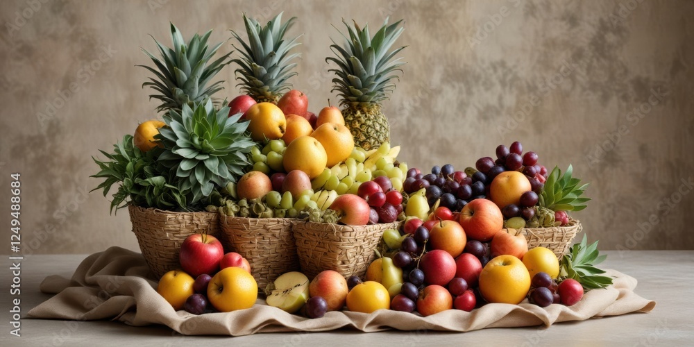 Abundant Harvest of Colorful Fruits in Rustic Baskets, a Still Life Composition Featuring Apples, Pears, Grapes, and Pineapples Abundant Harvest of Colorful Fruits in Rustic Baskets, a Still Life Composition Featuring Apples, Pears, Grapes, and Pineapples