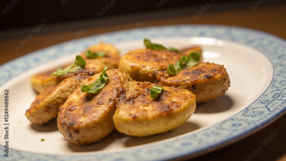 Delicious Crispy Pan-Fried Tofu with Basil Garnish on a Plate Delicious Crispy Pan-Fried Tofu with Basil Garnish on a Plate