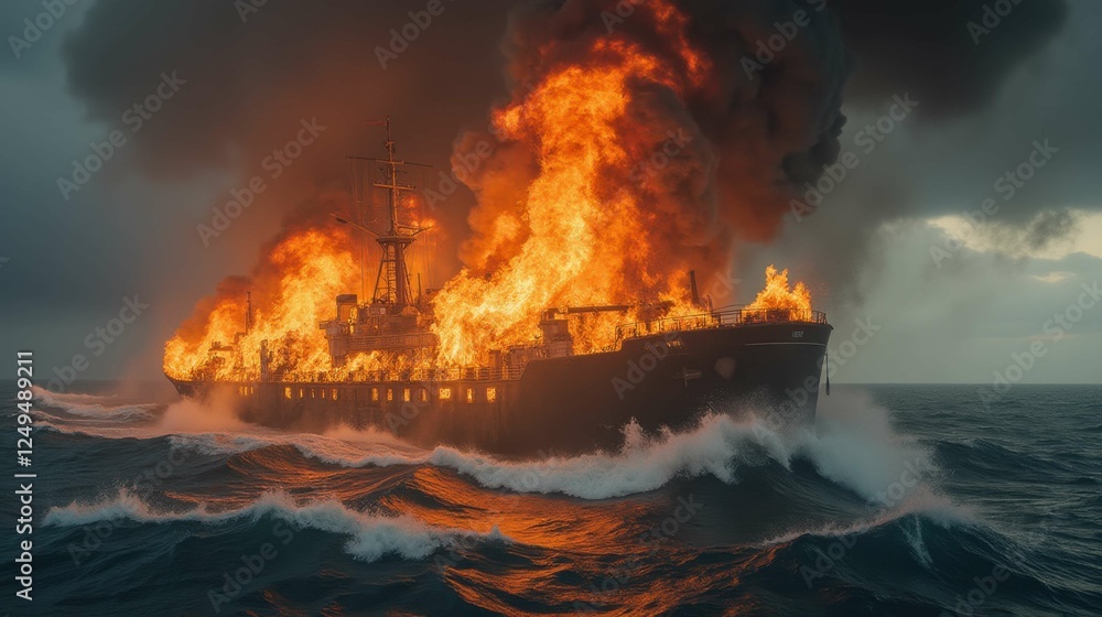 Fototapeta premium Burning Ship on Rough Seas with Flames and Smoke Enveloping Hull