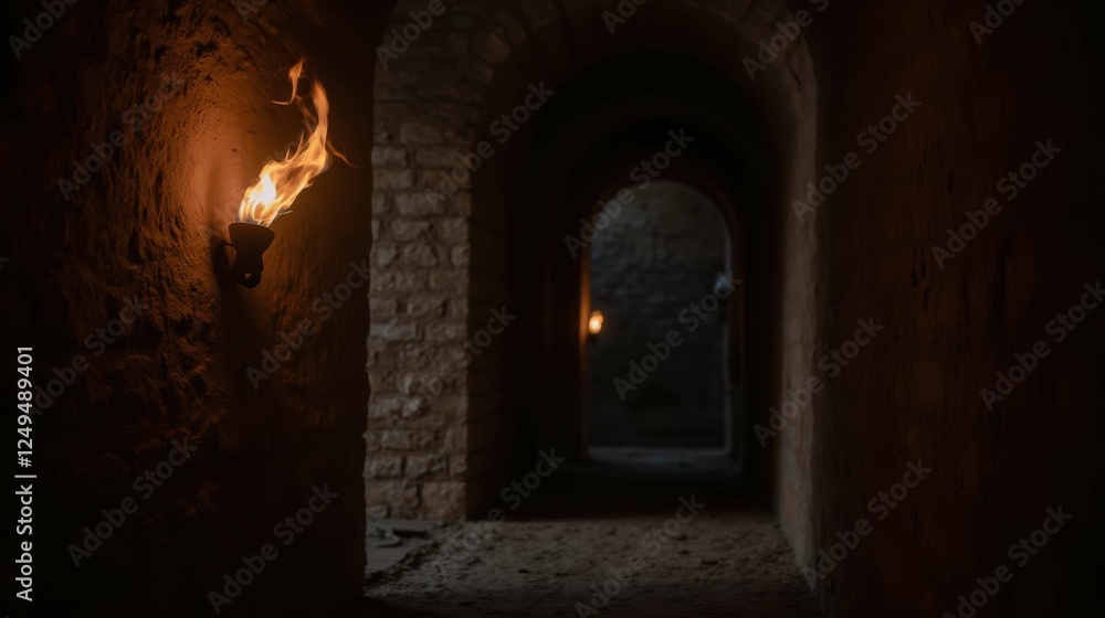 Mysterious Stone Tunnel with Flickering Flames and Shadows Mysterious Stone Tunnel with Flickering Flames and Shadows