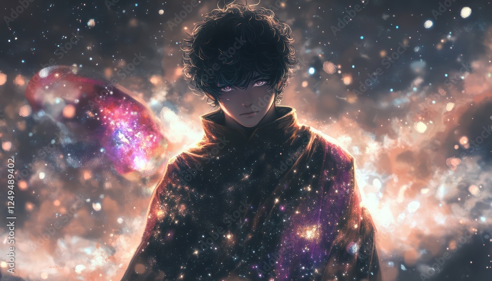 Anime style man standing within a dazzling cosmic galaxy scene Anime style man standing within a dazzling cosmic galaxy scene