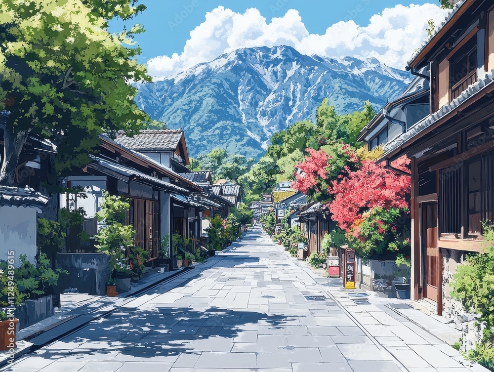 Fototapeta premium Serene street scene with traditional buildings and a mountain backdrop.