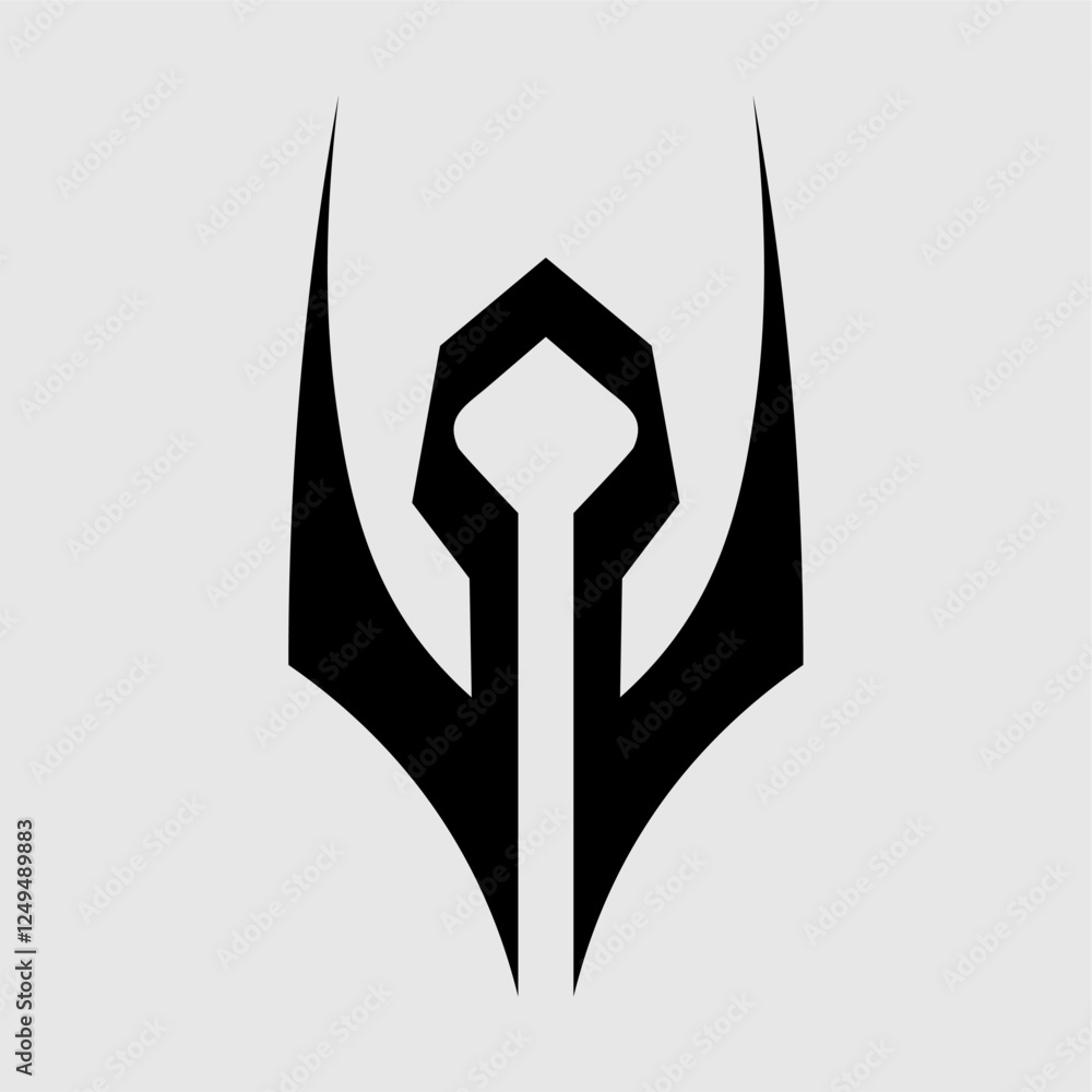 A futuristic black tribal emblem with sharp, symmetrical edges. Perfect for tattoos, logos, branding, or digital art. Its bold design exudes strength, mystery, and modern aesthetics A futuristic black tribal emblem with sharp, symmetrical edges. Perfect for tattoos, logos, branding, or digital art. Its bold design exudes strength, mystery, and modern aesthetics