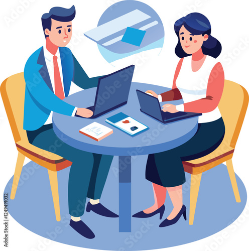 Partners meeting for business discussion with documents and laptop on desk. Couple at round table, speaking, discussing work, partnership. Flat vector on a white background