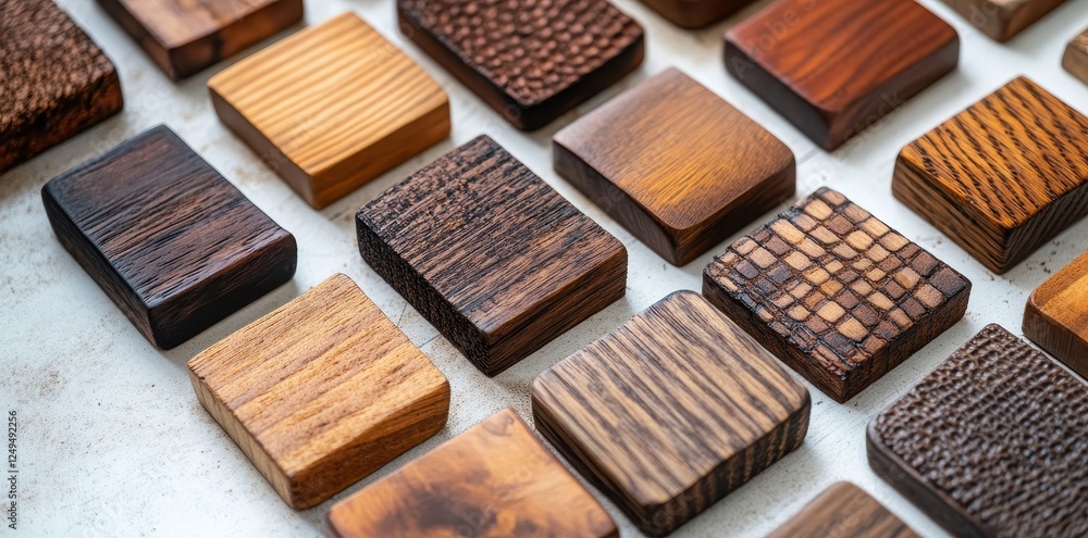 Fototapeta premium Collection of beautifully textured square wooden blocks arranged on a surface