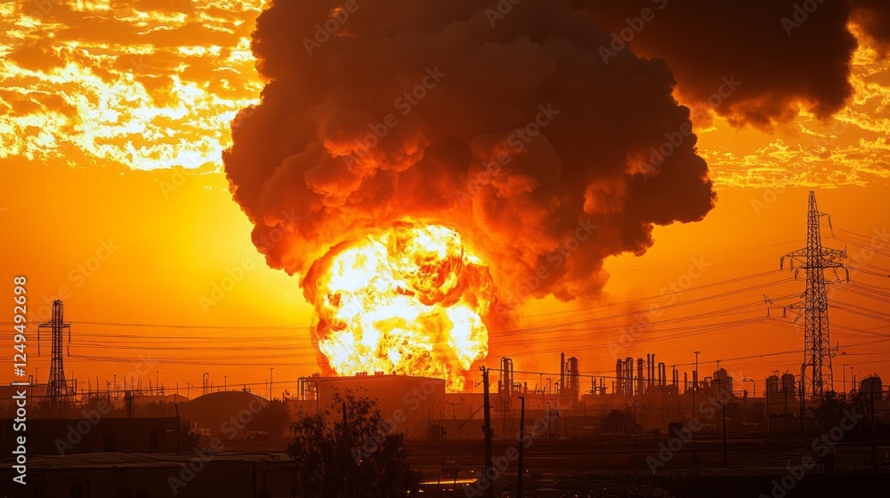 Fototapeta premium A massive plume of smoke and orange flames billows from an oil storage facility following a missile strike. The sunset casts an enchanting glow, highlighting the chaos in the backdrop