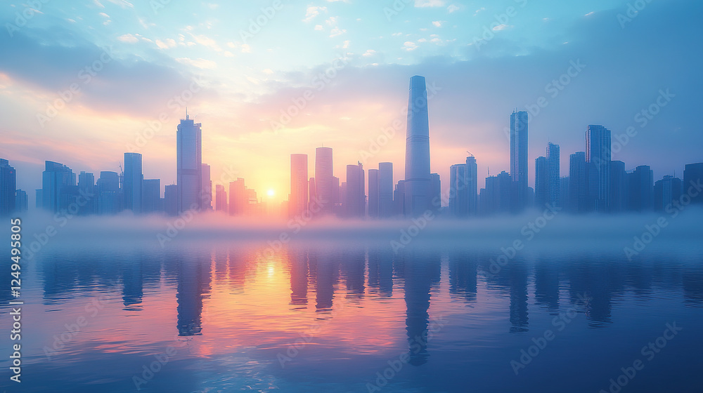 The skyline glows with sunrise colors as fog embraces the modern city reflected on the water. The skyline glows with sunrise colors as fog embraces the modern city reflected on the water.