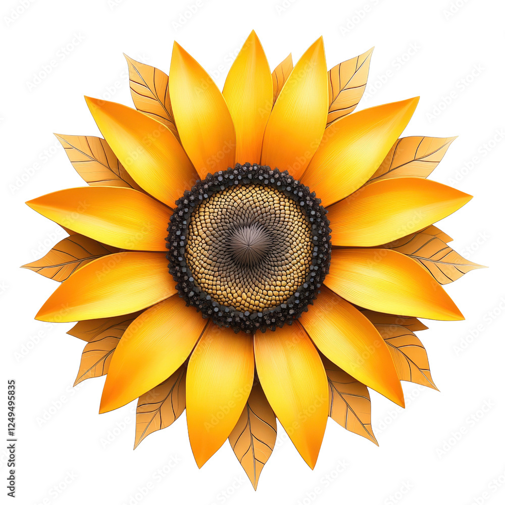 Vibrant illustration of a sunflower with yellow petals radiating from a detailed center isolated on transparency PNG background, ideal for nature, floral design, or summer-themed projects Vibrant illustration of a sunflower with yellow petals radiating from a detailed center isolated on transparency PNG background, ideal for nature, floral design, or summer-themed projects