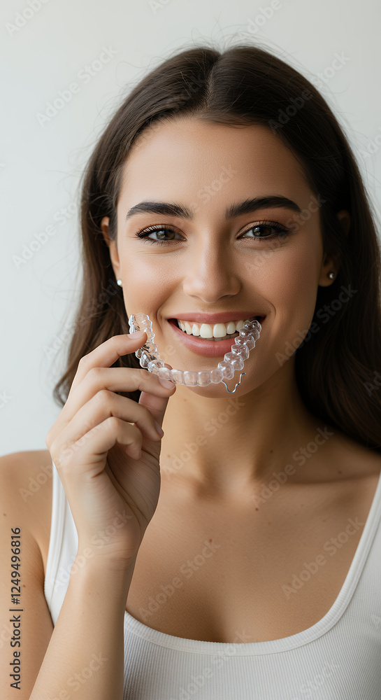 Invisalign Smile: Beautiful Woman Showing Off Clear Aligners for Straighter Teeth - Modern Orthodontics & Confident Smile Invisalign Smile: Beautiful Woman Showing Off Clear Aligners for Straighter Teeth - Modern Orthodontics & Confident Smile