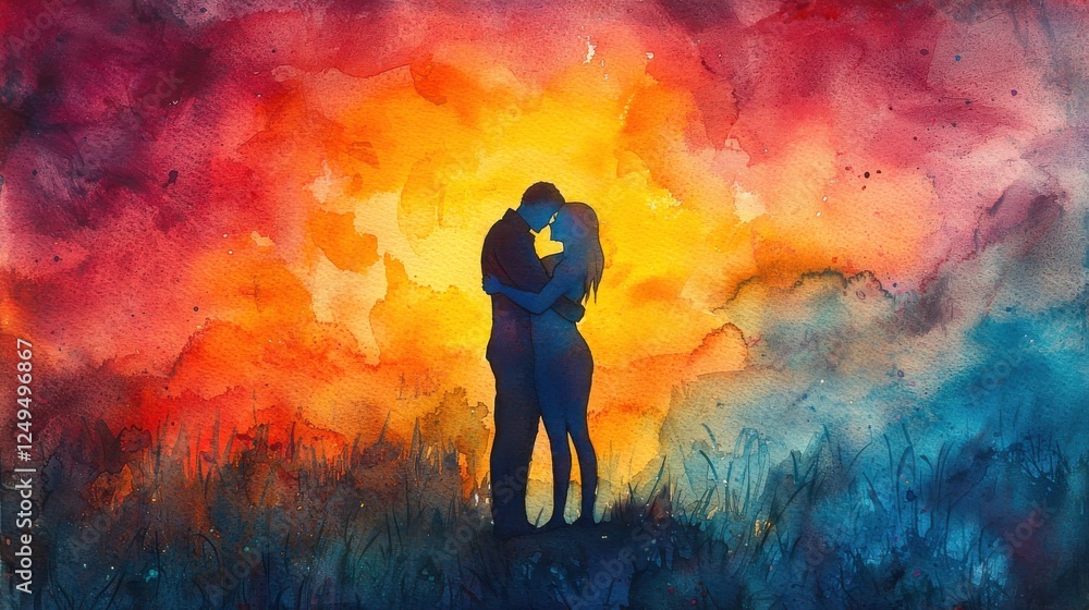 Fototapeta premium Colorful Abstract Painting of Couple Embracing at Sunset