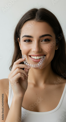 Invisalign Smile: Beautiful Woman Showing Off Clear Aligners for Straighter Teeth - Modern Orthodontics & Confident Smile photo