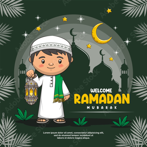 Welcome Ramadan Mubarak Greeting Card With Muslim boy And Lantern, Cute Cartoon Illustration