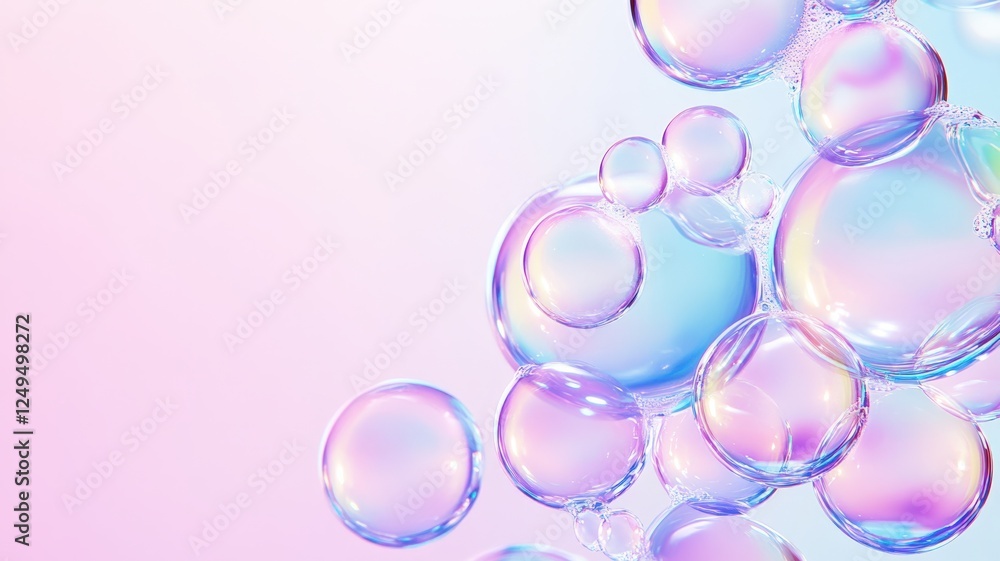 Iridescent soap bubbles holographic suspended against soft pastel pink blue gradient, evoking playful, ethereal visual composition background Iridescent soap bubbles holographic suspended against soft pastel pink blue gradient, evoking playful, ethereal visual composition background