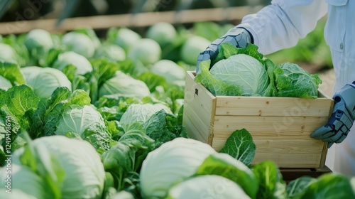 Close up Robot assistant is harvesting cabbage on a large farm field, placing each head of cabbage into wooden boxes lined up the field to transport them to the next stage of the farming process. photo