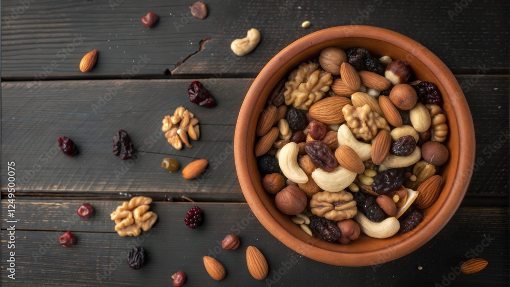 Wooden bowl filled with a variety of mixed nuts and dried fruits, resting on a rustic wooden surface, showcasing a healthy and natural snack blend, perfect for any occasion. Wooden bowl filled with a variety of mixed nuts and dried fruits, resting on a rustic wooden surface, showcasing a healthy and natural snack blend, perfect for any occasion.