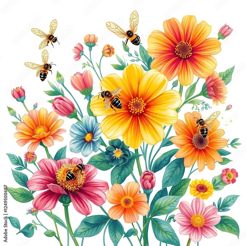 Floral Symphony: Bees and Blooms in Vibrant Harmony Floral Symphony: Bees and Blooms in Vibrant Harmony