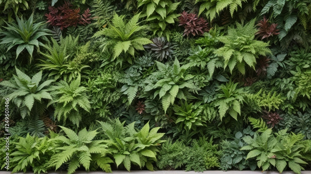 Lush Green Vertical Garden Wall Featuring a Diverse Array of Foliage, Including Ferns and Other Tropical Plants, Ideal for Interior Design and Landscaping Projects Lush Green Vertical Garden Wall Featuring a Diverse Array of Foliage, Including Ferns and Other Tropical Plants, Ideal for Interior Design and Landscaping Projects