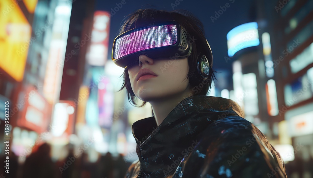 Woman wearing vr headset standing amidst illuminated urban landscape Woman wearing vr headset standing amidst illuminated urban landscape