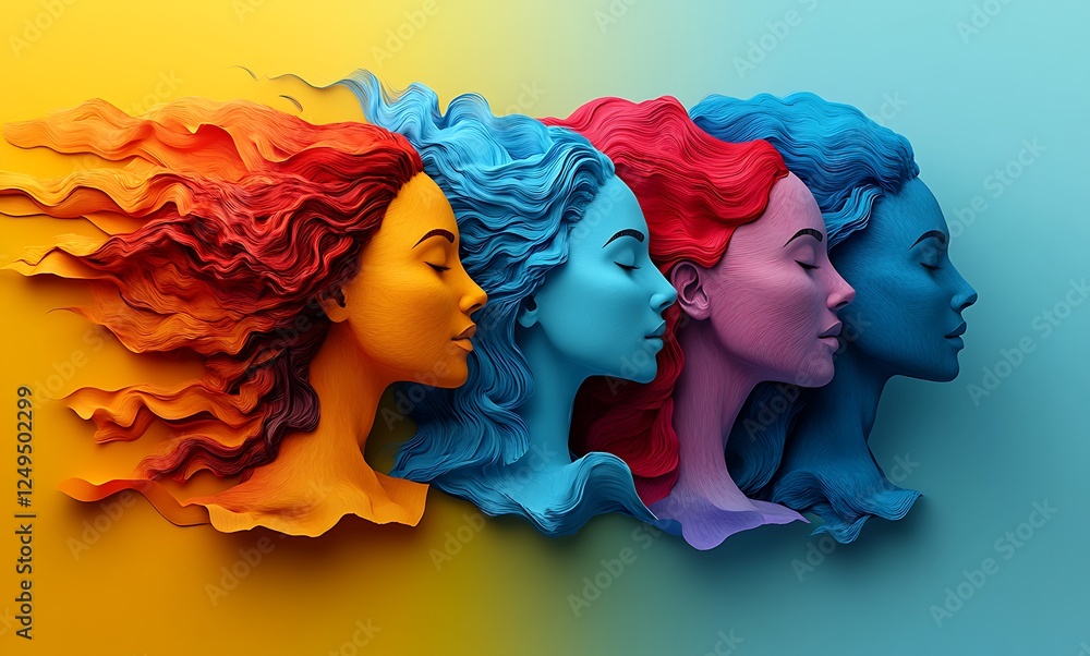 Three Colorful Sculpted Profiles with Flowing Hair Three Colorful Sculpted Profiles with Flowing Hair