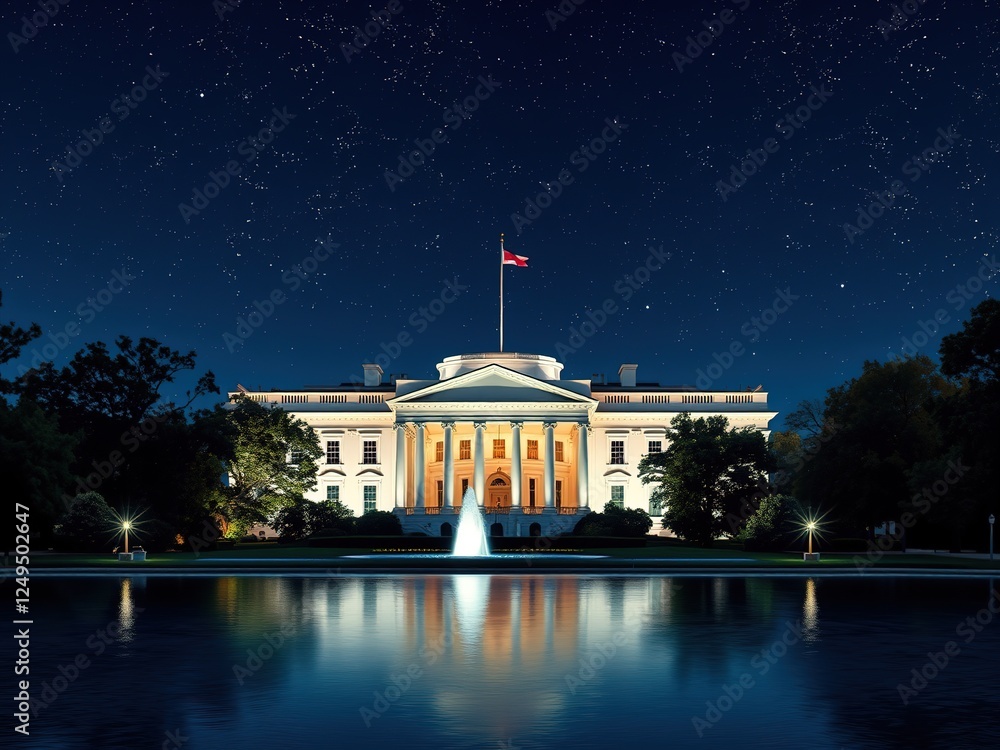 Naklejka premium Illuminated White House Against Starlit Night Canvas