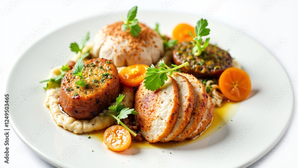 Gourmet Pan-Seared Chicken Breast with Herb-Crusted Croquette, Creamy Polenta, and Passion Fruit Gourmet Pan-Seared Chicken Breast with Herb-Crusted Croquette, Creamy Polenta, and Passion Fruit