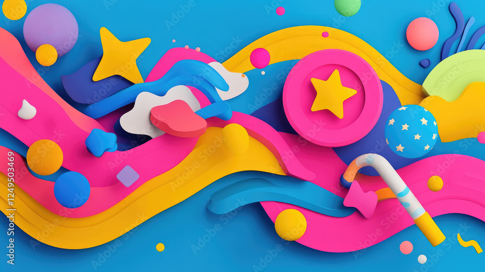Fototapeta premium Bright Abstract 3D Shapes on Colorful Background with Fluid Lines and Organic Forms