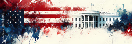 A creative digital painting featuring the American flag blended with the White House in an abstract artistic style. The image symbolizes patriotism, politics, and national identity.
