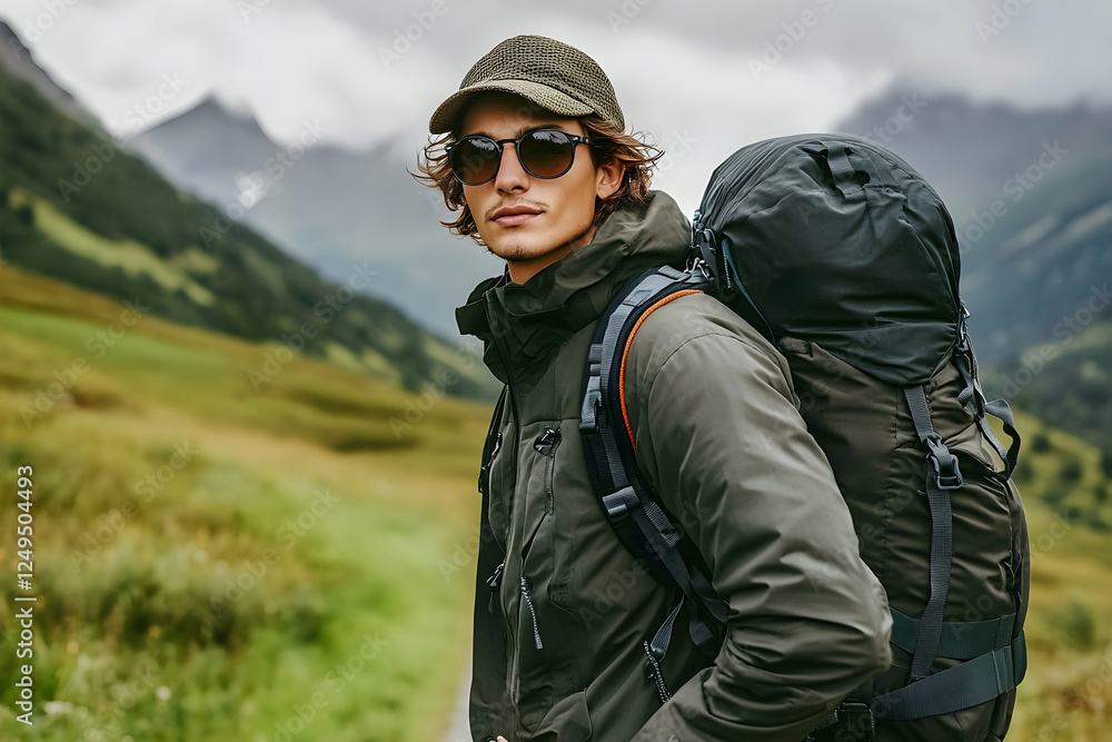Handsome man with sunglasses and long hair standing on a scenic mountain road Handsome man with sunglasses and long hair standing on a scenic mountain road