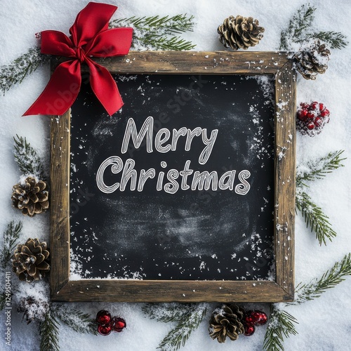 Christmas Message On Rustic Wooden Chalkboard Decorated With Fir, Pine, Red Ribbon, Pinecones And BerriesAnd Berries