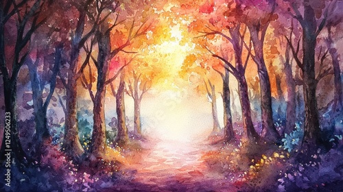 Colorful forest pathway with vibrant trees and warm light creating a magical atmosphere, digital painting style photo