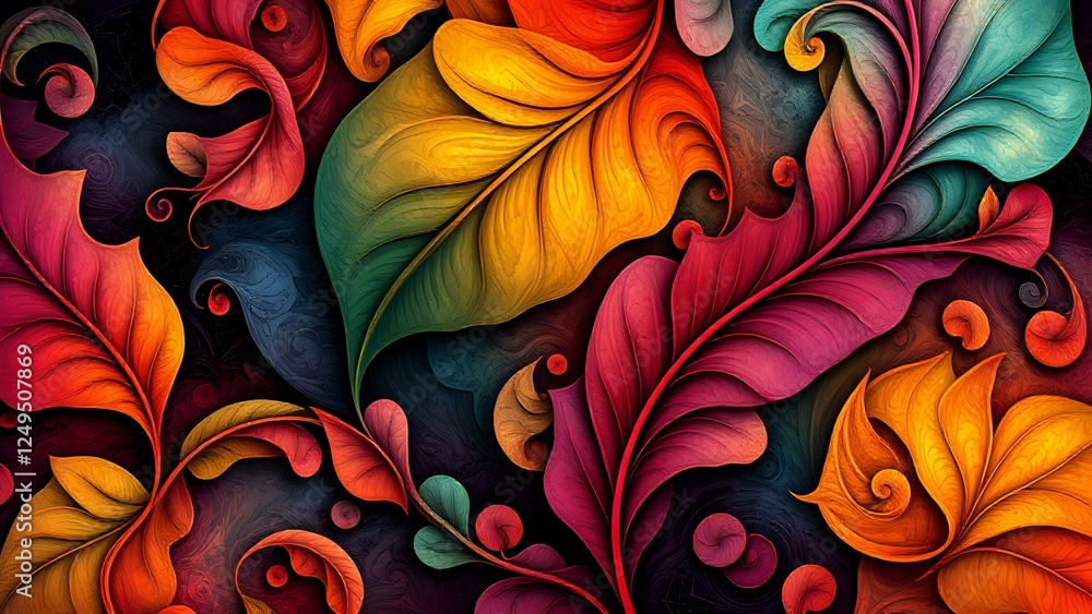 Vibrant Swirling Leaves Dance in Abstract Motion on Black Background Vibrant Swirling Leaves Dance in Abstract Motion on Black Background