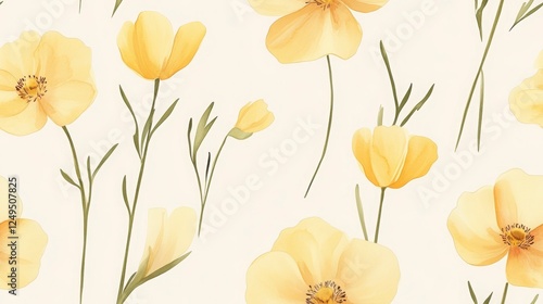 Wallpaper Mural Delicate Pale Yellow Floral Pattern with Botanical Illustration for Decorative Use. Floral Pattern with Yellow Flowers and Botanical Design. Floral Wallpaper, Floral Print, Textile Design, or Torontodigital.ca