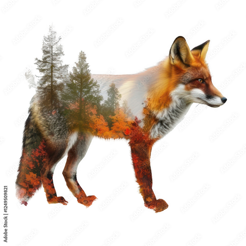 Fototapeta premium Artistic 2D rendering of a fox, its body filled with a vibrant autumn forest with fallen leaves and foggy trails.