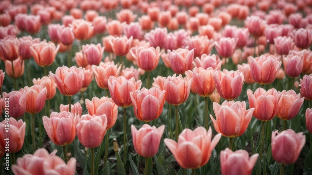 Fototapeta premium A breathtaking field of delicate, peach-colored tulips, their velvety petals softly unfurling in the gentle breeze, creating a picturesque scene of springtime beauty.