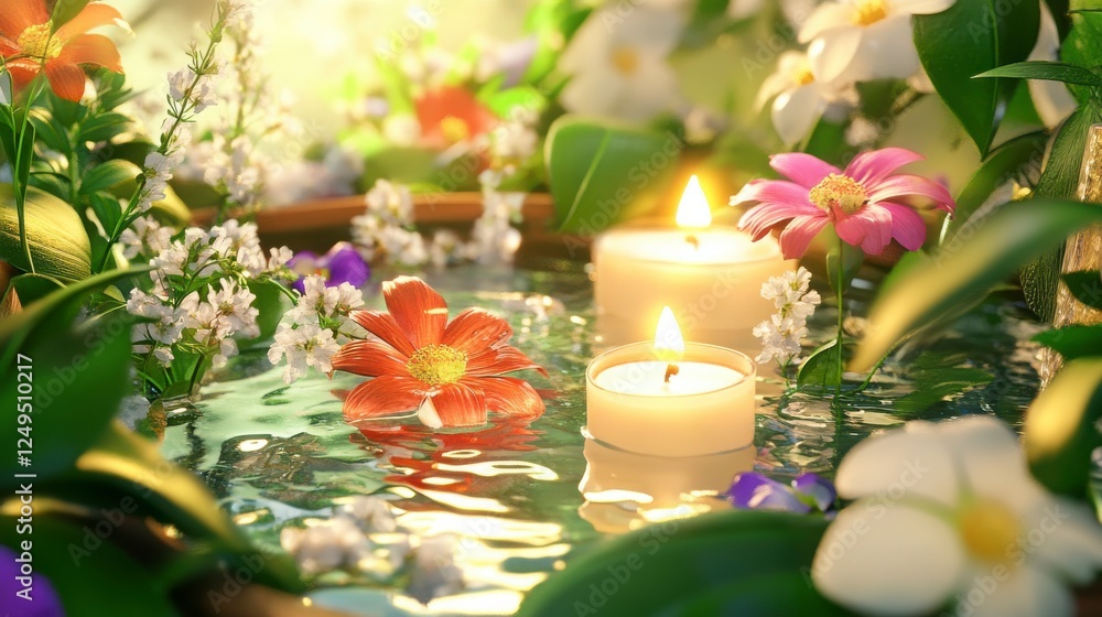Floral Arrangement With Candles In Water Feature Displaying Beautiful Colors And Textures And Warm Lighting In A Peaceful Setting With Artistic Arrangement For Interior Decoration Purpose. Decorative Floral Arrangement With Candles In Water Feature Displaying Beautiful Colors And Textures And Warm Lighting In A Peaceful Setting With Artistic Arrangement For Interior Decoration Purpose. Decorative