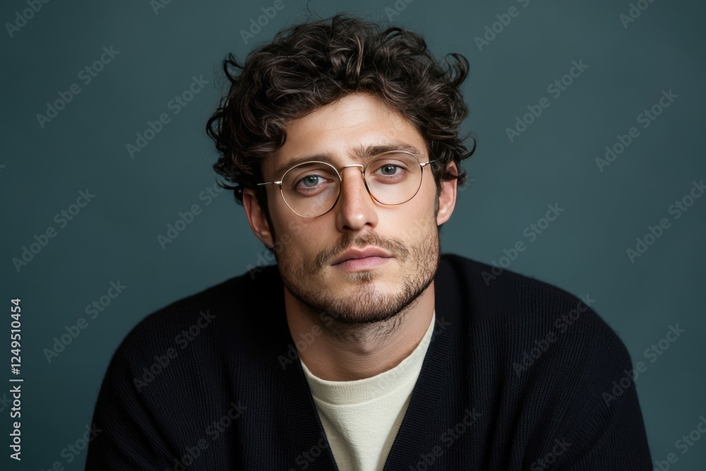 Fototapeta premium Portrait of a Thoughtful Man with Glasses Against Dark Background