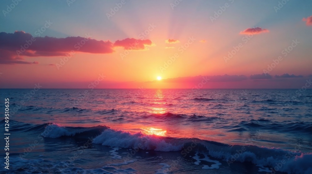 Serene Sunset Over the Ocean Waves Gently Crashing on the Shore as the Sun Dips Below the Horizon, Painting the Sky with Vivid Hues of Pink and Orange Serene Sunset Over the Ocean Waves Gently Crashing on the Shore as the Sun Dips Below the Horizon, Painting the Sky with Vivid Hues of Pink and Orange